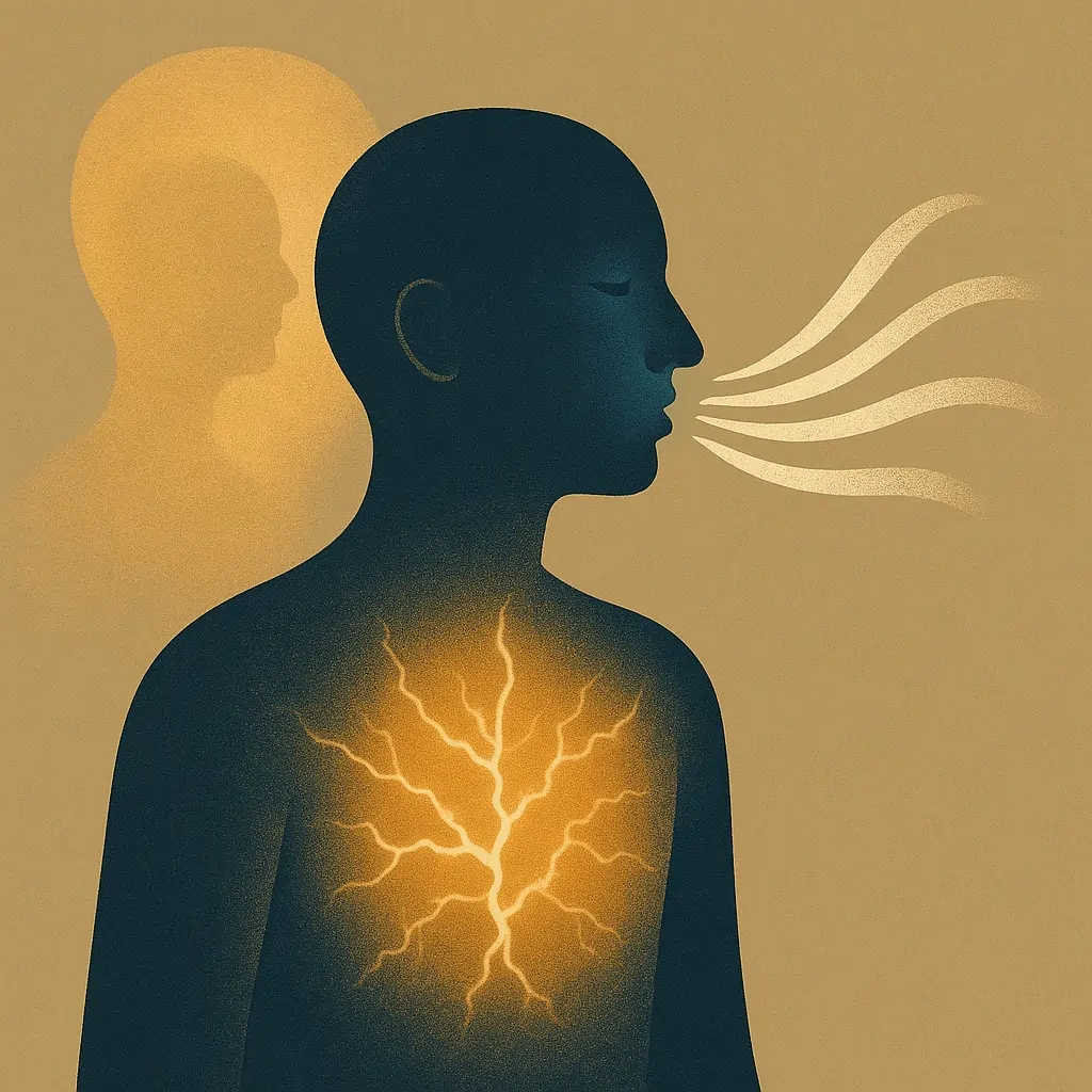 Verbunden, atmende Person in warmen Farben – symbolisiert innere Energie und Ruhe.