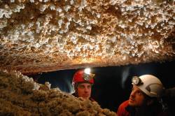 Ein Höhlenforscher entdeckt eine Höhle und trägt dabei eine Kopflampe.