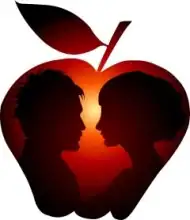 Apfel mit gegenüberliegenden Gesichtern – Symbolbild für Beziehung, Nähe und emotionale Spannung.