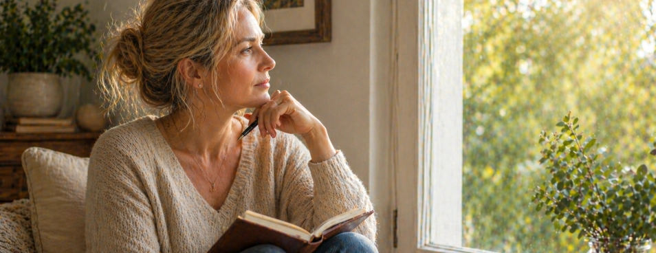 Eine Klientin schreibt in ihr Tagebuch über ihre Therapie, indem sie ihre Brustkrebs seelisch aufarbeitet