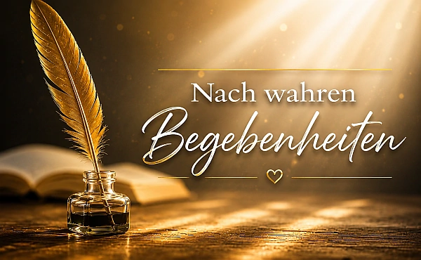 Goldene Feder in einem Tintenfass vor einem geöffneten Buch, warmes Licht symbolisiert echte Erfahrungsberichte aus der Reinkarnationstherapie.