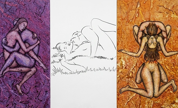 Collage von Paaren, die Nähe und Sexualität genießen - Ausdruck befreiter Lebensenergie und geheilter Weiblichkeit nach der Therapie.