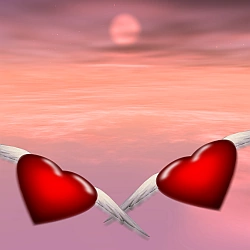 Zwei geflügelte Herzen vor rosa Himmel – Symbolbild für Liebe und Nähe.