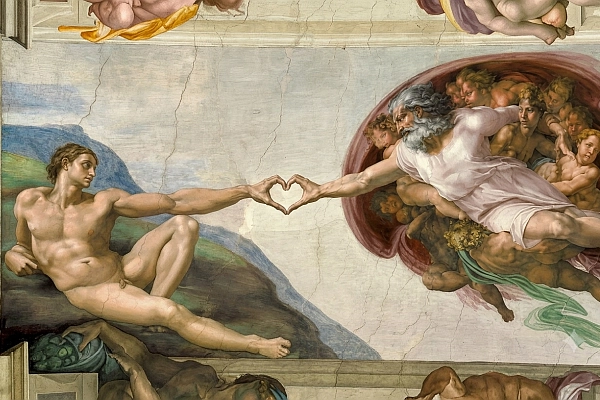 Symbolbild für Reinkarnationstherapie: An die „Erschaffung Adams“ angelehntes Motiv als Sinnbild für Liebe, Annahme und persönliche Entwicklung.