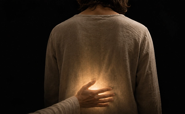 Eine einfühlsame Hand auf dem Rücken eines Menschen symbolisiert Vertrauen, Sicherheit und therapeutische Begleitung in der Reinkarnationstherapie.