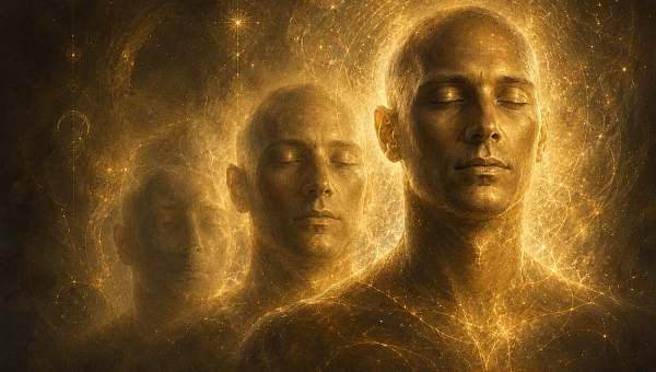 Symbolbild für Reinkarnationstherapie: Drei goldene menschliche Silhouetten stehen für innere Wandlung, Selbsterkenntnis und den Weg aus einem persönlichen Dilemma.
