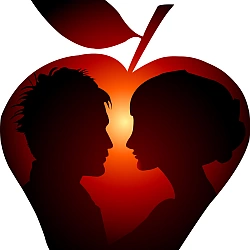 Apfel mit gegenüberliegenden Gesichtern – Symbolbild für Beziehung, Nähe und emotionale Spannung.
